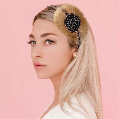 Fashnzfab Beaded Fur Stretch Headband In Black