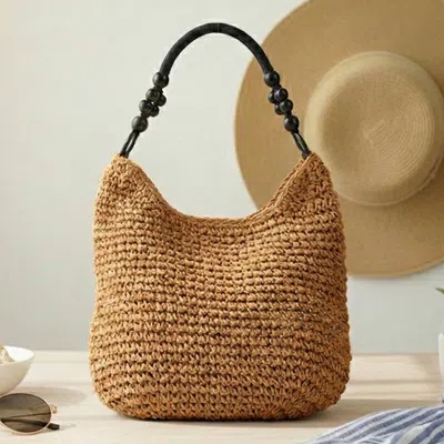 Fashnzfab Beaded Handle Raffia Woven Shoulder Tote Bag In Green