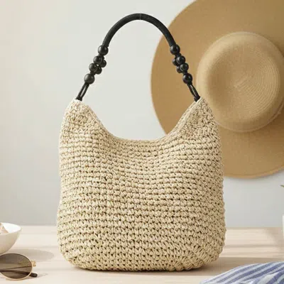 Fashnzfab Beaded Handle Raffia Woven Shoulder Tote Bag In Sand