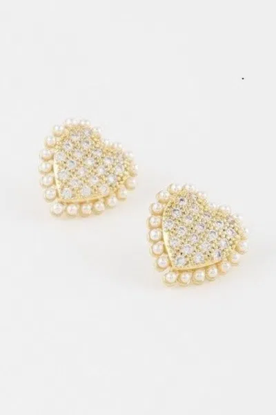 Fashnzfab Beaded Heart Stud Earrings In Gold