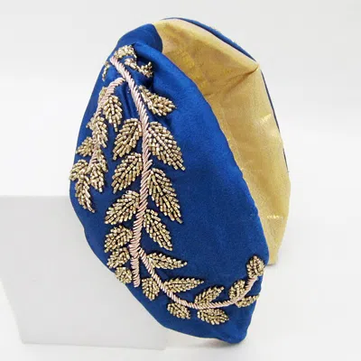 Fashnzfab Beaded Leaf Cluster Knot Burnout Headband In Blue