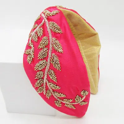 Fashnzfab Beaded Leaf Cluster Knot Burnout Headband In Pink