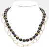 Fashnzfab Beaded Open Metal Oval Link Double Layered Necklace In Gold