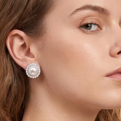 Fashnzfab Beaded Pearl Halo Stud Earrings In Silver