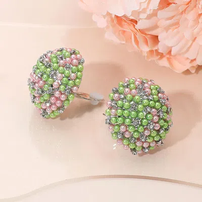 Fashnzfab Beaded Pearl Rhinestone Embellished Dome Clip On Earrings In Green