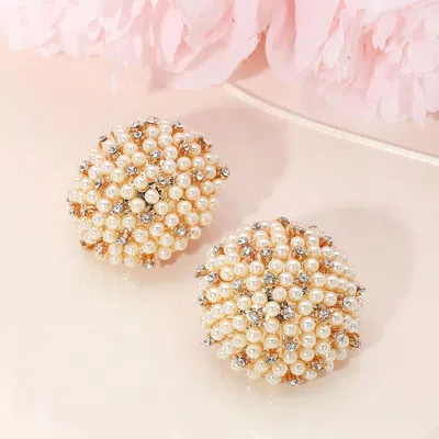 Fashnzfab Beaded Pearl Rhinestone Embellished Dome Earrings Cream, Gold In Red