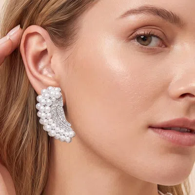 Fashnzfab Beaded Pearl Trim Rhinestone Embellished Fan Clip On Statement Earrings In Metallic
