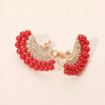 Fashnzfab Beaded Pearl Trim Rhinestone Embellished Fan Clip On Statement Earrings In Red