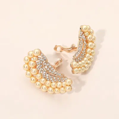 Fashnzfab Beaded Pearl Trim Rhinestone Embellished Fan Clip On Statement Earrings In Gold