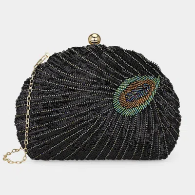 Fashnzfab Beaded Sequin Peacock Clutch Evening Bag 8.25" X 6" X 1.75" Crossbody Bag In Black