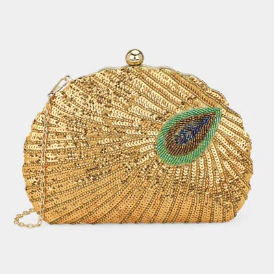 Fashnzfab Beaded Sequin Peacock Clutch Evening Bag 8.25" X 6" X 1.75" Crossbody Bag In Gold