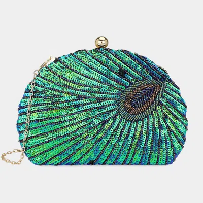 Fashnzfab Beaded Sequin Peacock Clutch Evening Bag 8.25" X 6" X 1.75" Crossbody Bag In Green