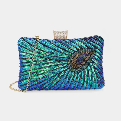 Fashnzfab Beaded Sequin Peacock Clutch Evening Bag / Crossbody Bag In Blue