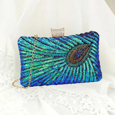 Fashnzfab Beaded Sequin Peacock Clutch Evening Bag Crossbody Bag In Blue