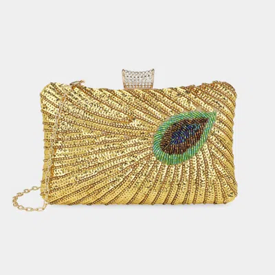 Fashnzfab Beaded Sequin Peacock Clutch Evening Bag / Crossbody Bag In Gold