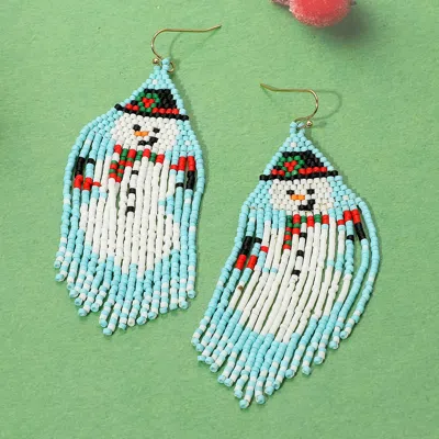 Fashnzfab Beaded Snowman Fringe Dangle Earrings In Blue