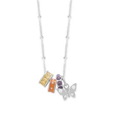 Fashnzfab Beaming Butterfly! 18" Rhodium Plated Charm Necklace In Purple