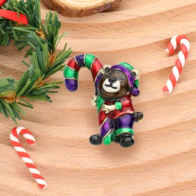Fashnzfab Bear With Christmas Candy Cane Pin Brooch In Silver