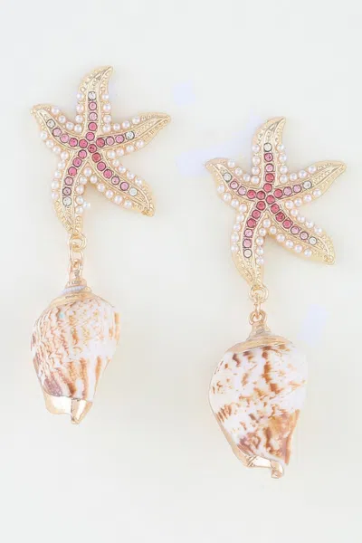 Fashnzfab Bejeweled Starfish Shell Earrings In Gold