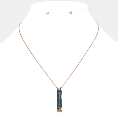 Fashnzfab Believe Hammered Metal Bar Pendant Necklace In Green