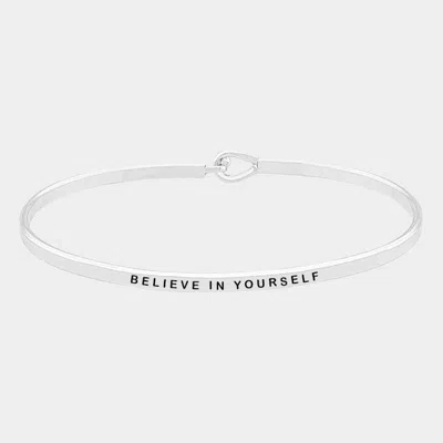 Fashnzfab Believe In Yourself Brass Thin Metal Hook Bracelet Rhodium In Metallic
