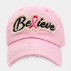 Fashnzfab Believe Message Pink Ribbon Accented Vintage Baseball Cap In Pink