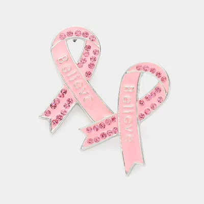 Fashnzfab Believe Message Stone Paved Enamel Pink Ribbon Earrings 0.8" X 1.25"