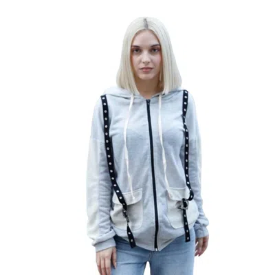 Fashnzfab Belt & Reversed Details Zip-up Hooded Sweater In Grey