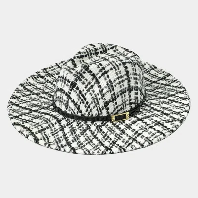 Fashnzfab Belt Band Accented Check Patterned Panama Hat In White