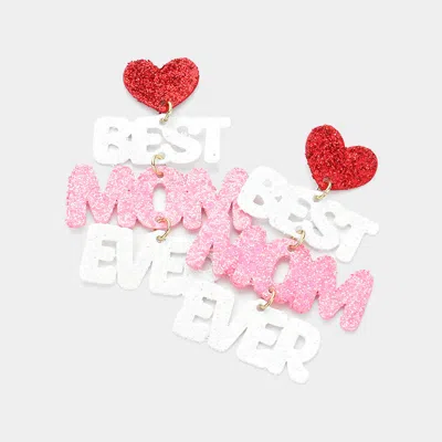 Fashnzfab Best Mom Ever Message Glittered Metal Plate Dangle Earrings - Multi In Pink