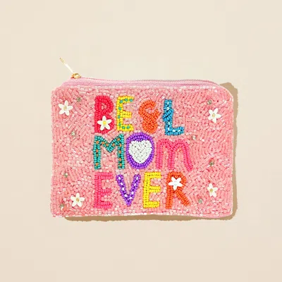 Fashnzfab Best Mom Ever Message Seed Beaded Flower Sequin Embellished Mini Pouch Bag In Pink
