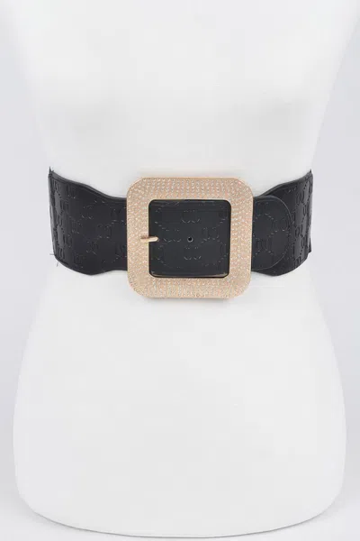 Fashnzfab Big Rhinestone Buckle Embossed Elastic Belt In Black