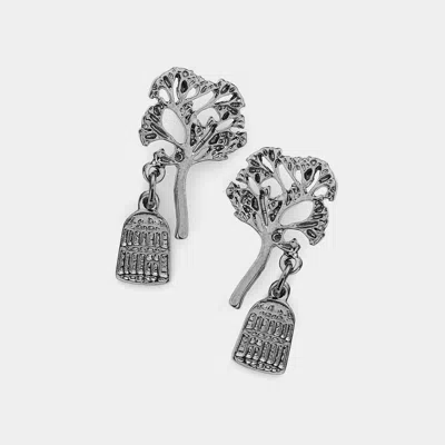 Fashnzfab Bird Cage Dangle Tree Of Life Earrings In Metallic