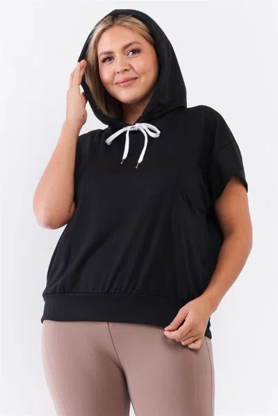 Fashnzfab Black Short Wing Sleeve Relaxed Fit White Draw String Tie Hood Detail Top