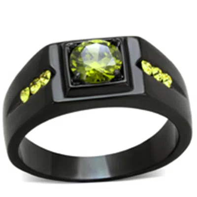 Fashnzfab Black(ion Plating) Stainless Steel Ring With Aaa Grade Cz In Olivine Color In Pattern