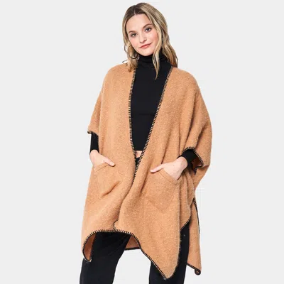 Fashnzfab Blanket Stitch Front Pockets Kimono Poncho In Brown