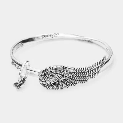 Fashnzfab Blessed Message Metal Wing Accented Angel Charm Bangle Bracelet Antique Silver