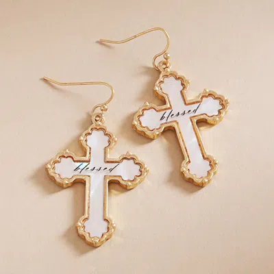 Fashnzfab Blessed Message Mother Of Pearl Cross Dangle Earrings In Multi