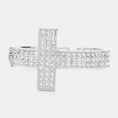 Fashnzfab Blessed Rhinestone Embellished Cross Hinged Bracelet In Silver