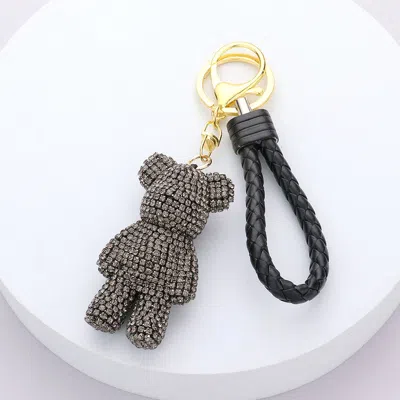 Fashnzfab Bling Bear Figure Faux Leather Strap Keychain In Black