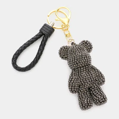 Fashnzfab Bling Bear Figure Faux Leather Strap Keychain In Black