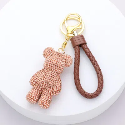 Fashnzfab Bling Bear Figure Faux Leather Strap Keychain In Brown