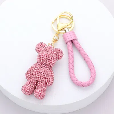 Fashnzfab Bling Bear Figure Faux Leather Strap Keychain In Pink