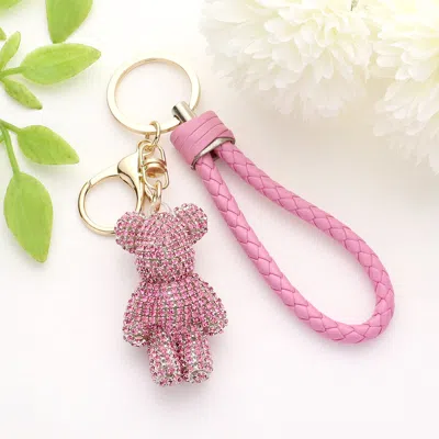Fashnzfab Bling Bear Figure Faux Leather Strap Keychain In Pink