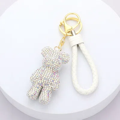 Fashnzfab Bling Bear Figure Faux Leather Strap Keychain In White