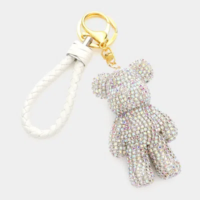 Fashnzfab Bling Bear Figure Faux Leather Strap Keychain In White