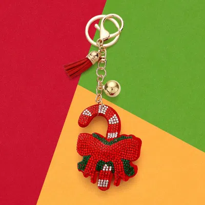 Fashnzfab Bling Candy Cane Bow Tassel Keychain In Red