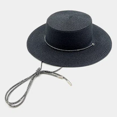 Fashnzfab Bling Chin Tie Straw Sun Hat In Black