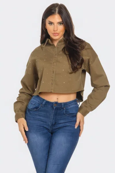 Fashnzfab Bling Denim Button Down Shirt In Green
