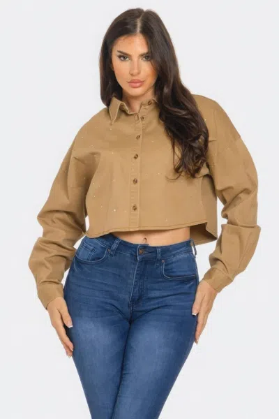 Fashnzfab Bling Denim Button Down Shirt In Grey